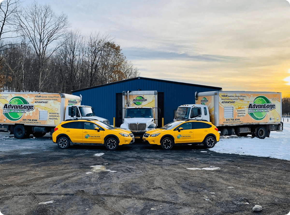 Fleet of yellow vehicles in winter setting